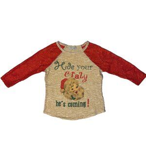 Sunshine & Rodeo "Hide Your Crazy Hes Coming" Red Lace Raglan Tshirt - M Santa